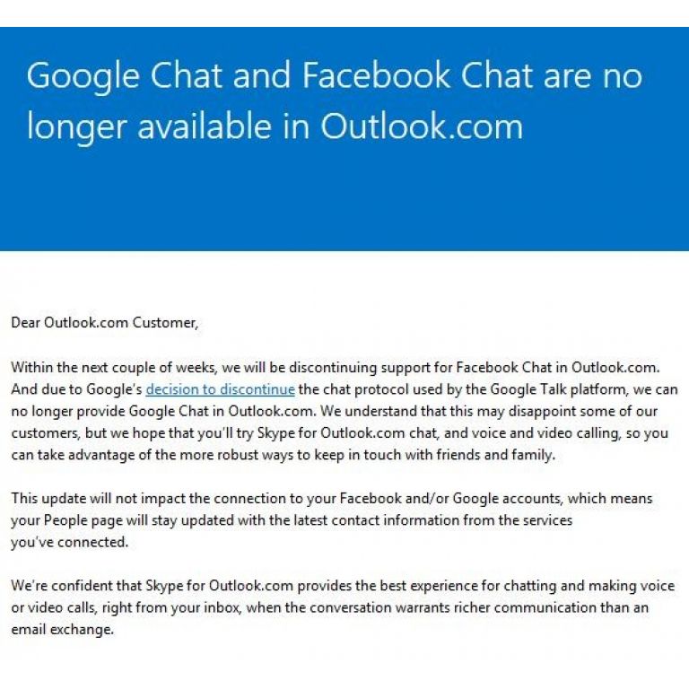 Outlook no dar ms soporte al chat de Facebook y Google Talk