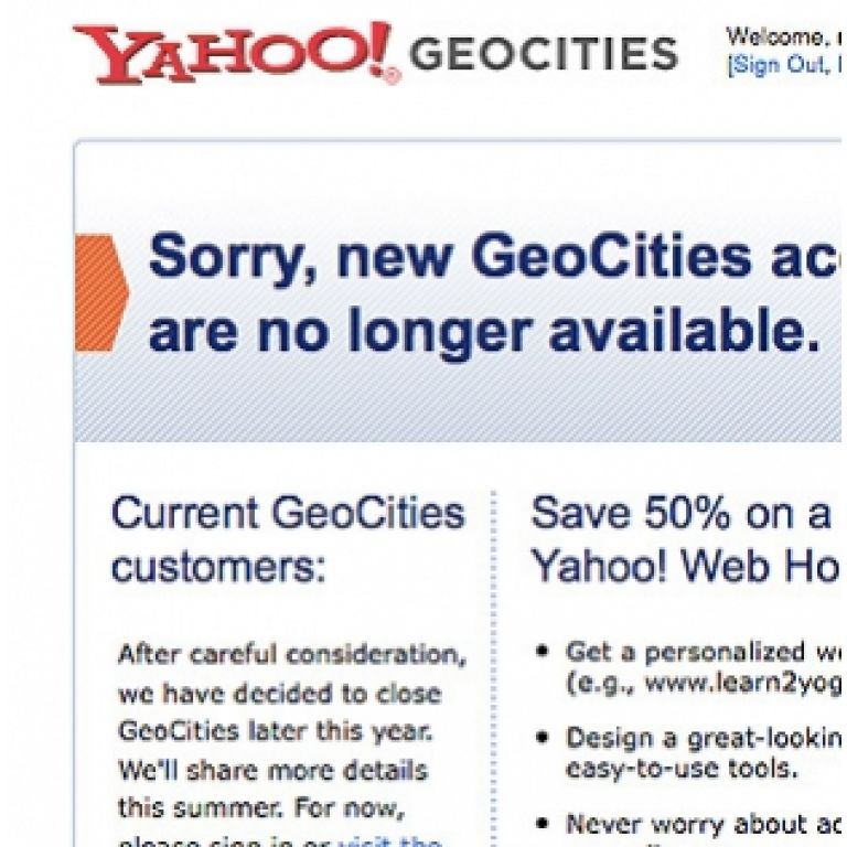 Yahoo cierra GeoCities, su sitio gratuito de alojamiento de páginas.